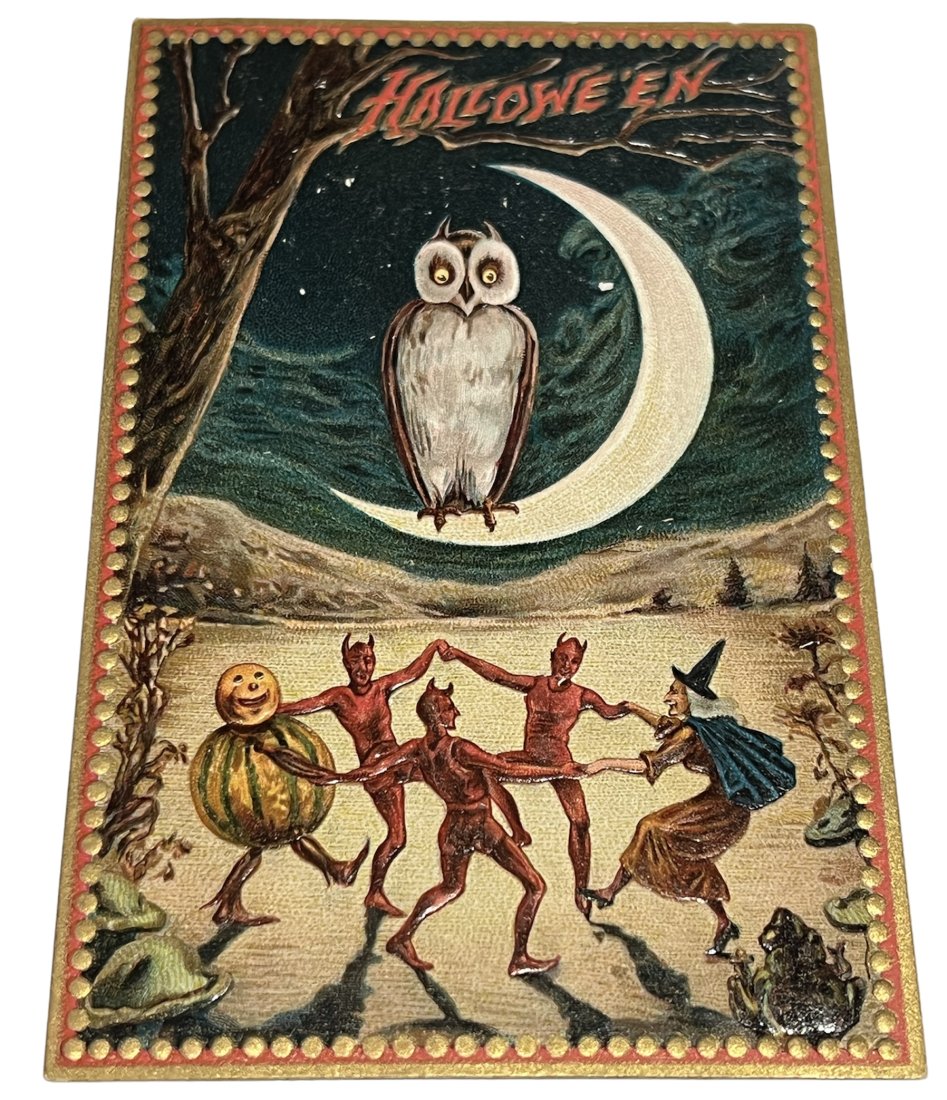 Antique Victorian Raphael Tuck Halloween Postcard with Witch Devils Owl and Pumpkin (1 of 7)