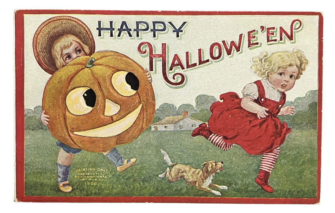 Antique Victorian Embossed Halloween Postcard with Pumpkin Kids and Dog (1 of 5)