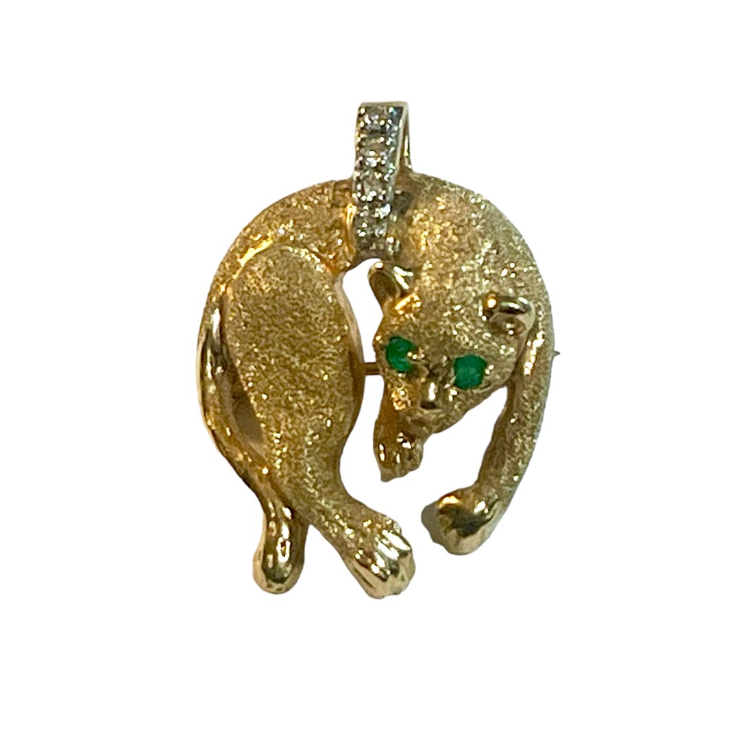 14K Gold Cat Brooch Pendant with Emeralds and Diamonds (1 of 4)