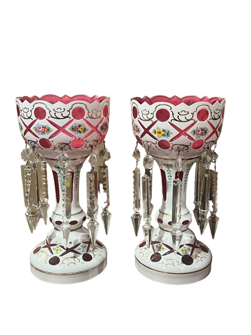 Pair of Victorian Cut to Cranberry Mantel Lustres: Pair of Victorian Cut to Cranberry Mantel Lustres. They measure 12 inches tall by 6 inches in diameter.