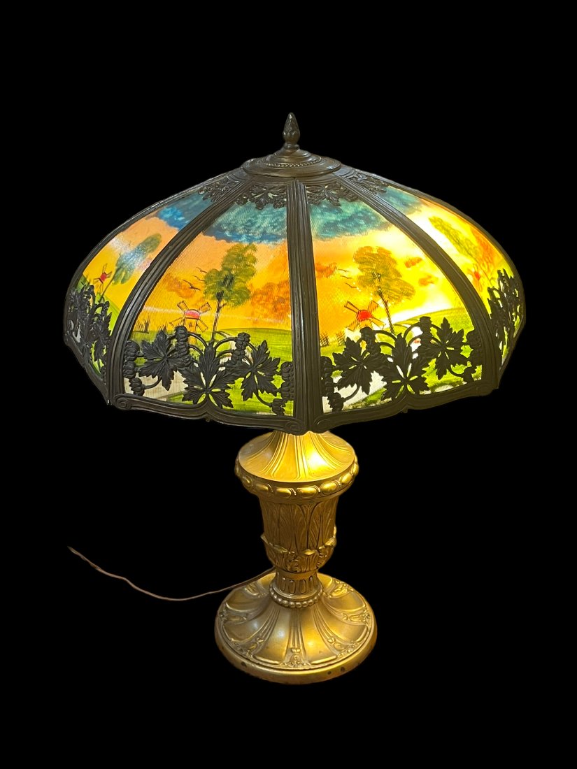 Victorian Reverse Painted Panel Table Lamp with Windmill (1 of 5)