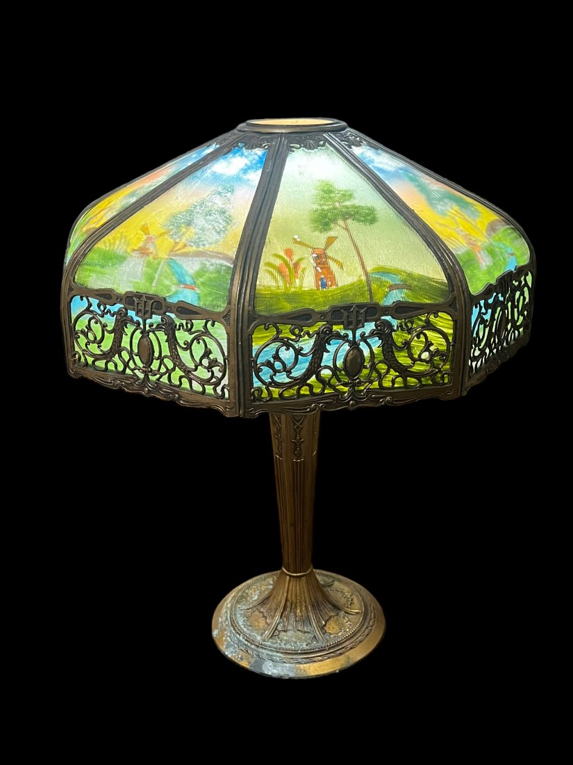 Victorian Reverse Painted Panel Table Lamp with Windmill, Flowers and Stream (1 of 5)