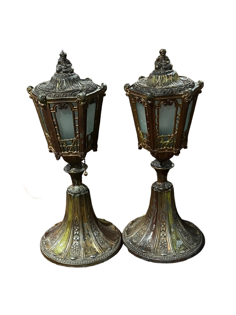 Pair of Victorian Lantern Table Lamps with FiguralTops (1 of 4)