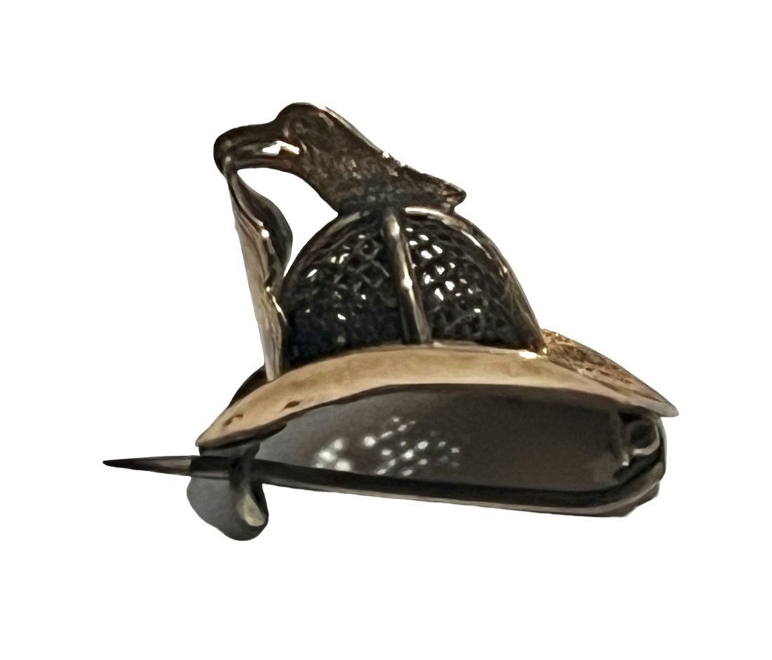 Extremely Rare 10K Gold Fireman’s Firefighter’s Helmet with Woven Hair Victorian Mourning Pin (1 of 9)