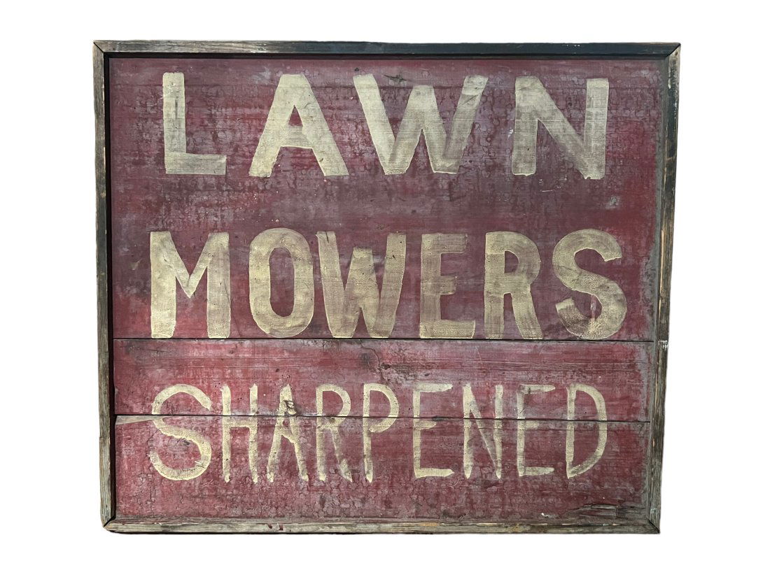 Antique Hand Painted Wood Trade Sign Lawn Mowers Sharpened (1 of 6)