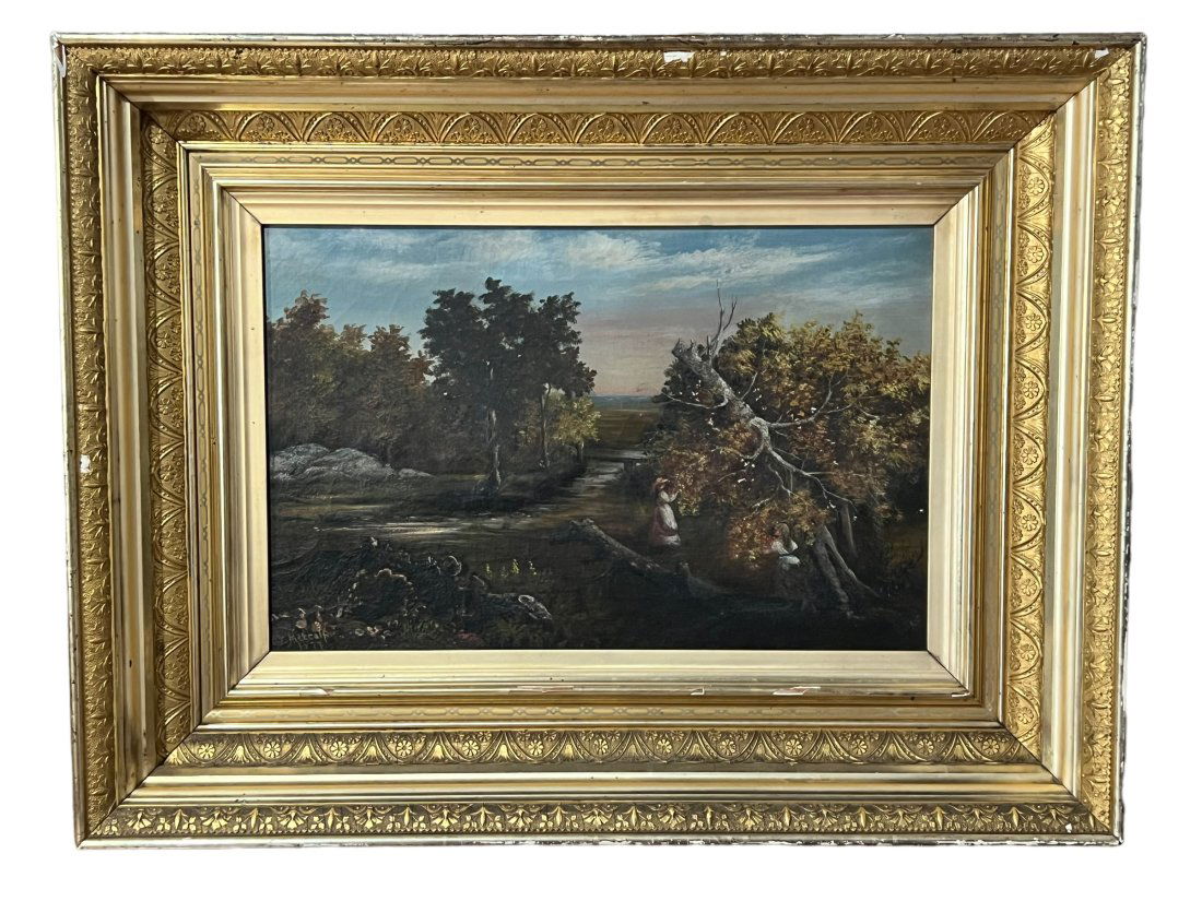 1877 Antique Oil On Canvas Painting Signed Cj Metcalf Landscape Of