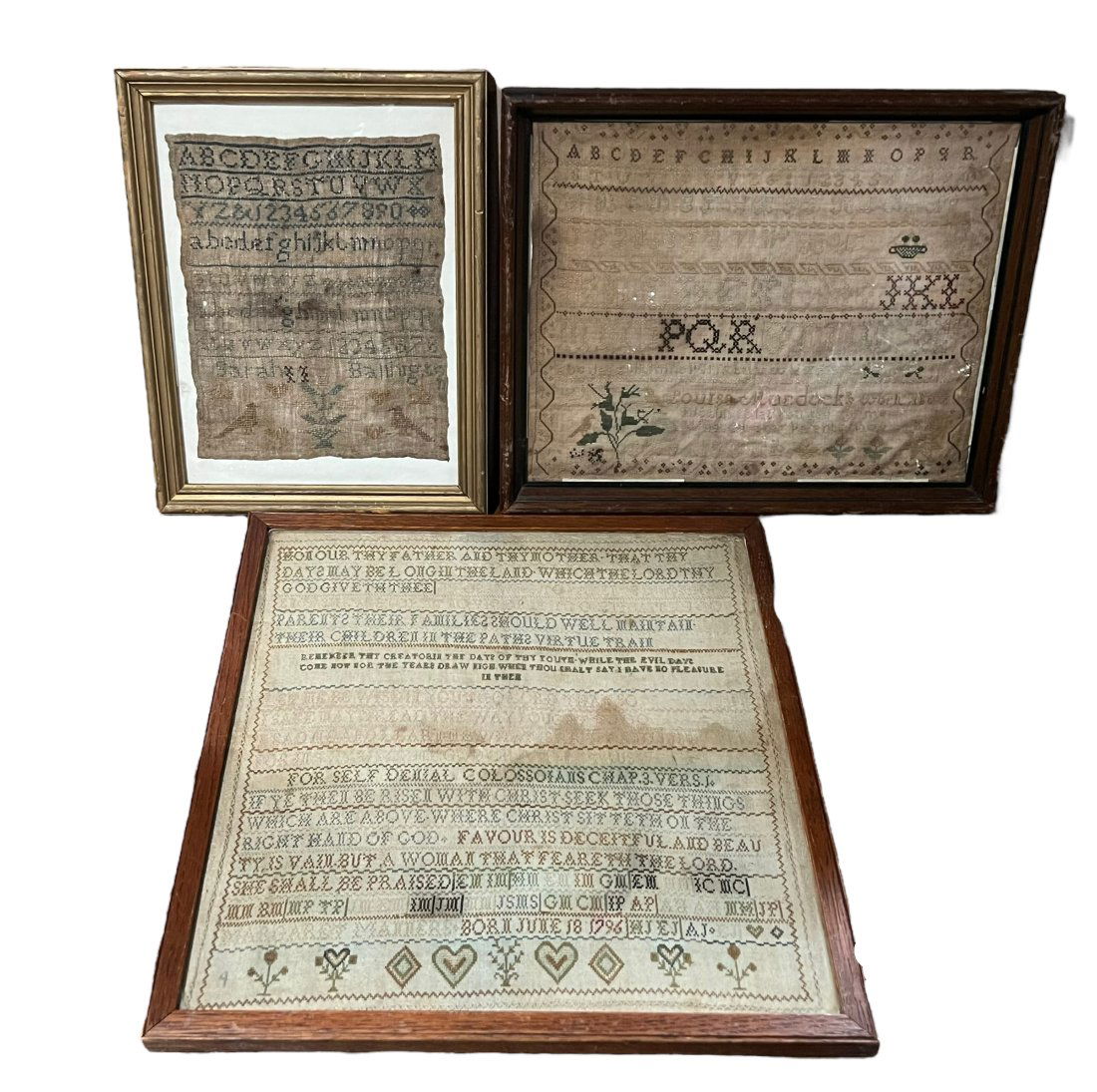 Lot of 3 Early 19th Century Samplers Sarah Ballinger, Louisa Murdock and Margaret Mallers: Lot of 3 Charming Early 19th Century Samplers by Sarah Ballinger, Louis Murdock and Margaret Mallers. The largest one measures 17.5 inches by 16.25 inches by .75 inches. The next one measures 13 inche