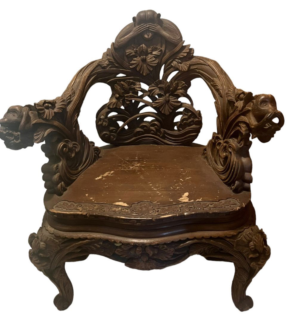 Antique Asian Heavily Carved Chair with Monkeys See No Evil, Speak No Evil and Hear No Evil Monkeys (1 of 11)