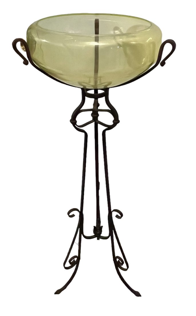 Victorian Antique Vaseline Glass Fish Bowl on Iron Stand (1 of 7)