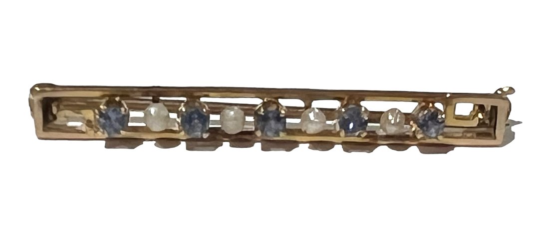 10K Gold Victorian Bar Pin with Pearls and Blue Stones (1 of 9)