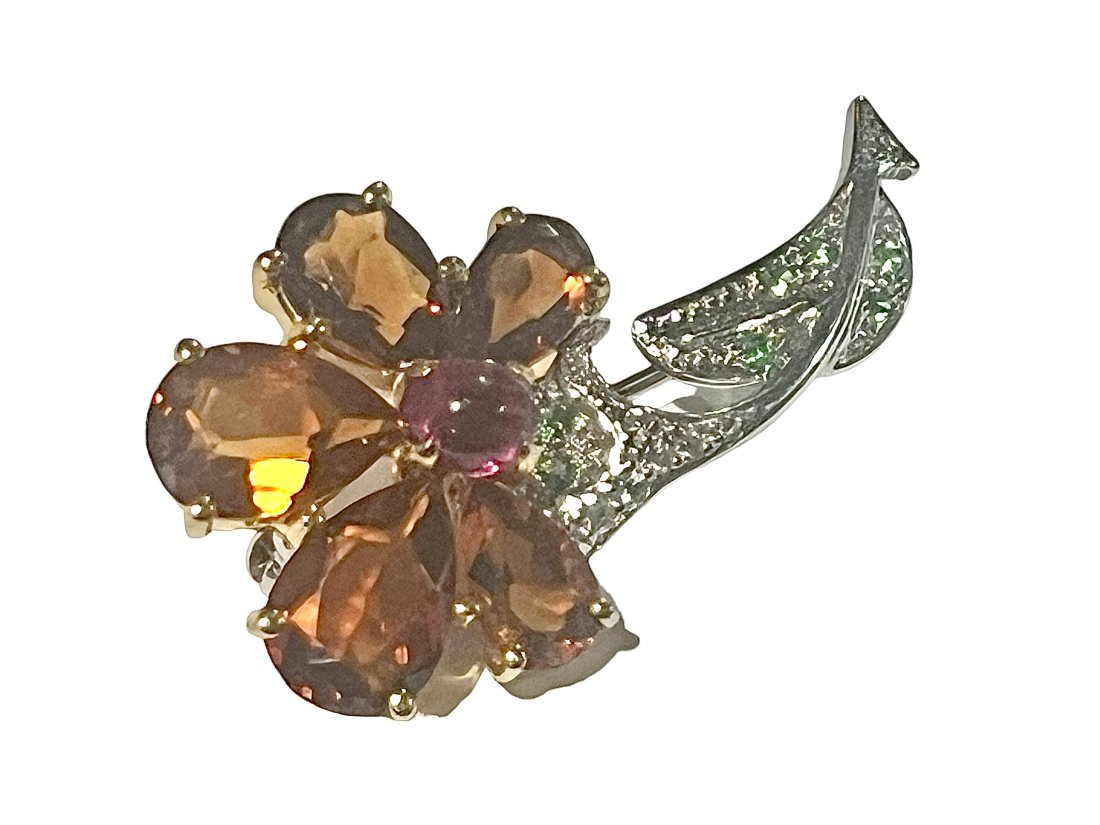 18K Brooch Pendant Flower with Various Gemstones Including Diamonds, Emeralds and a Cabochon Ruby (1 of 6)
