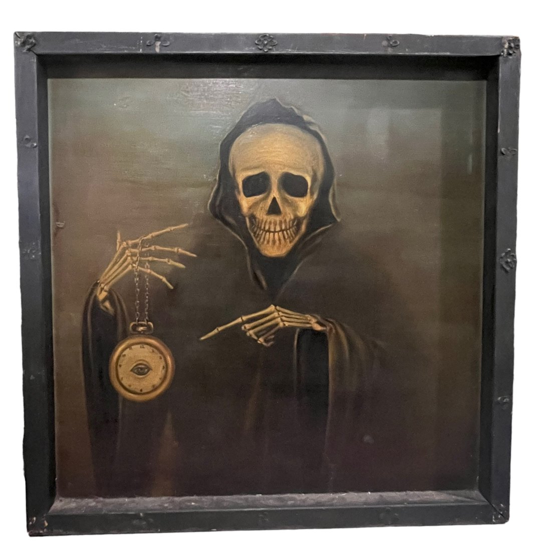 Oil on Masonite Painting of the Grim Reaper Holding a Clock with No Hands (1 of 6)
