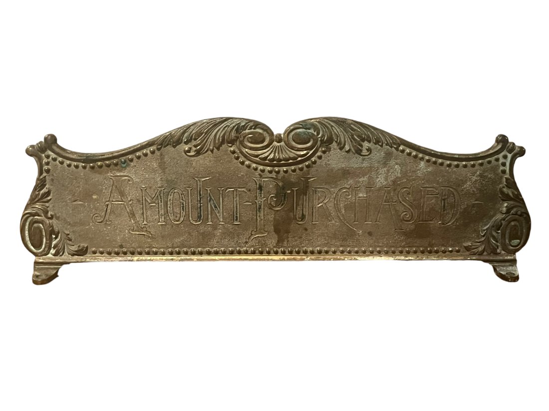 Antique Brass Amount Purchased Cash Register Topper Sign Plaque (1 of 7)