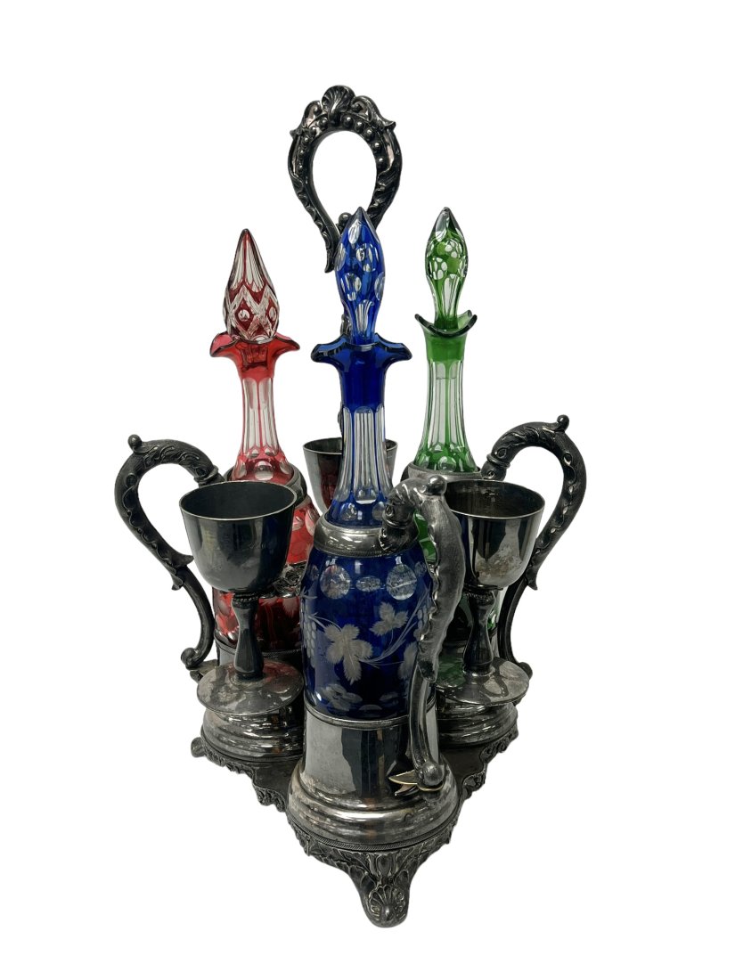 Unusual Silver Plate Decanter Set with 3 Bohemian Glass Bottles and Cups (1 of 6)