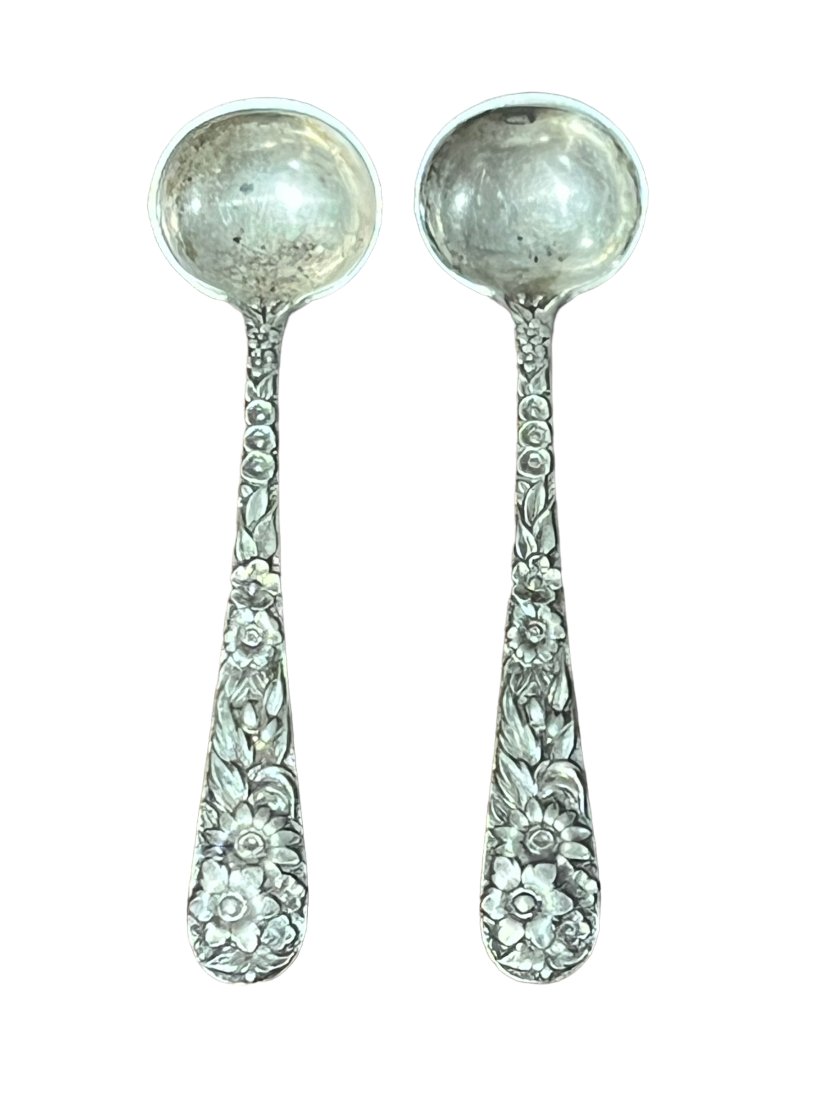 Pair of S. Kirk and Son Sterling Silver Repousse Master Salt Spoons (1 of 5)