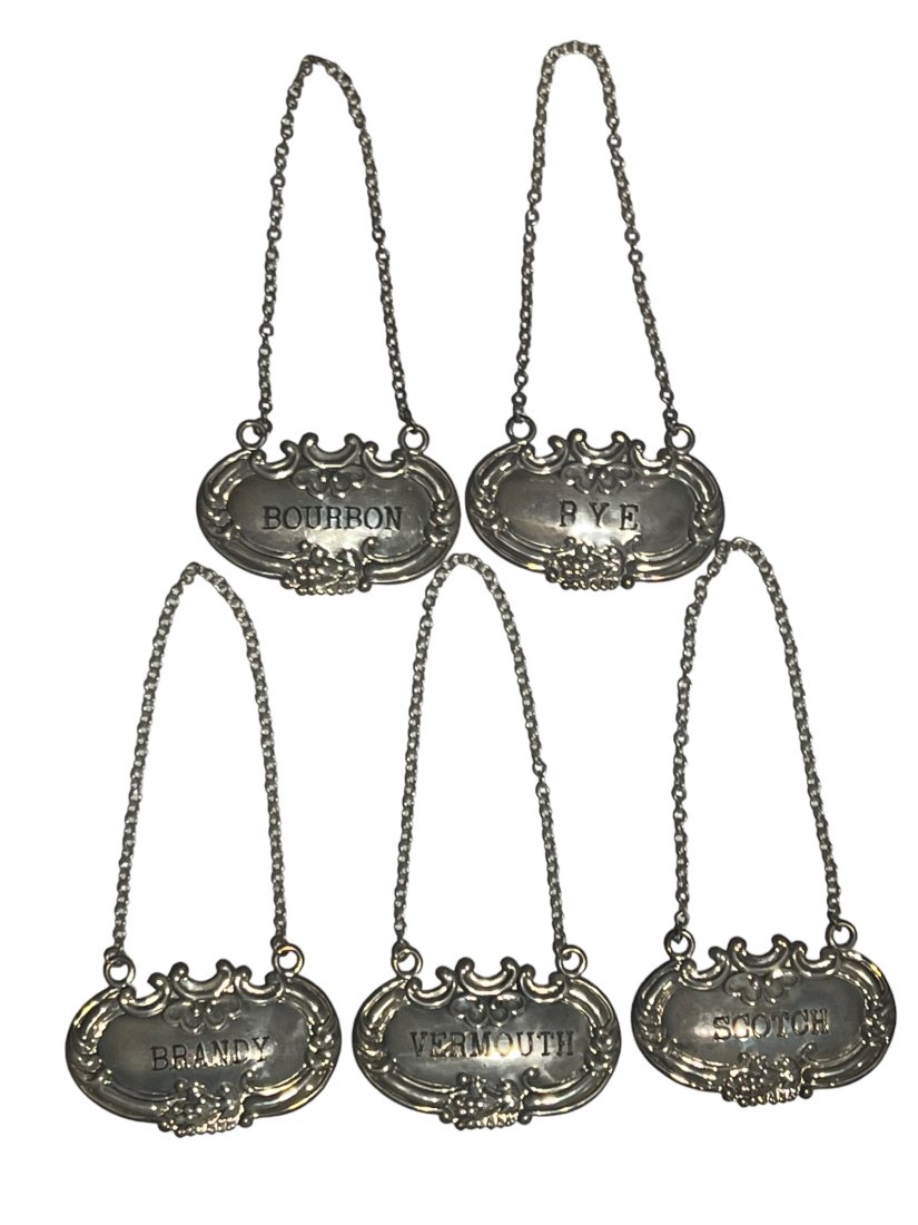 Lot of 5 Sterling Silver Wallace Liquor Decanter Tags Labels Scotch, Bourbon, Rye, Brandy, Vermouth (1 of 8)