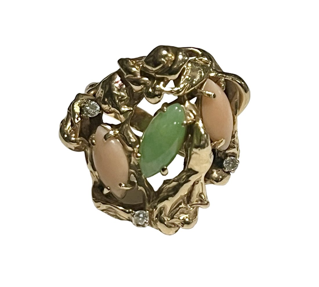 Estate Mid Century Free Form Cocktail Ring with Coral Jade and Diamonds Size 7 (1 of 5)