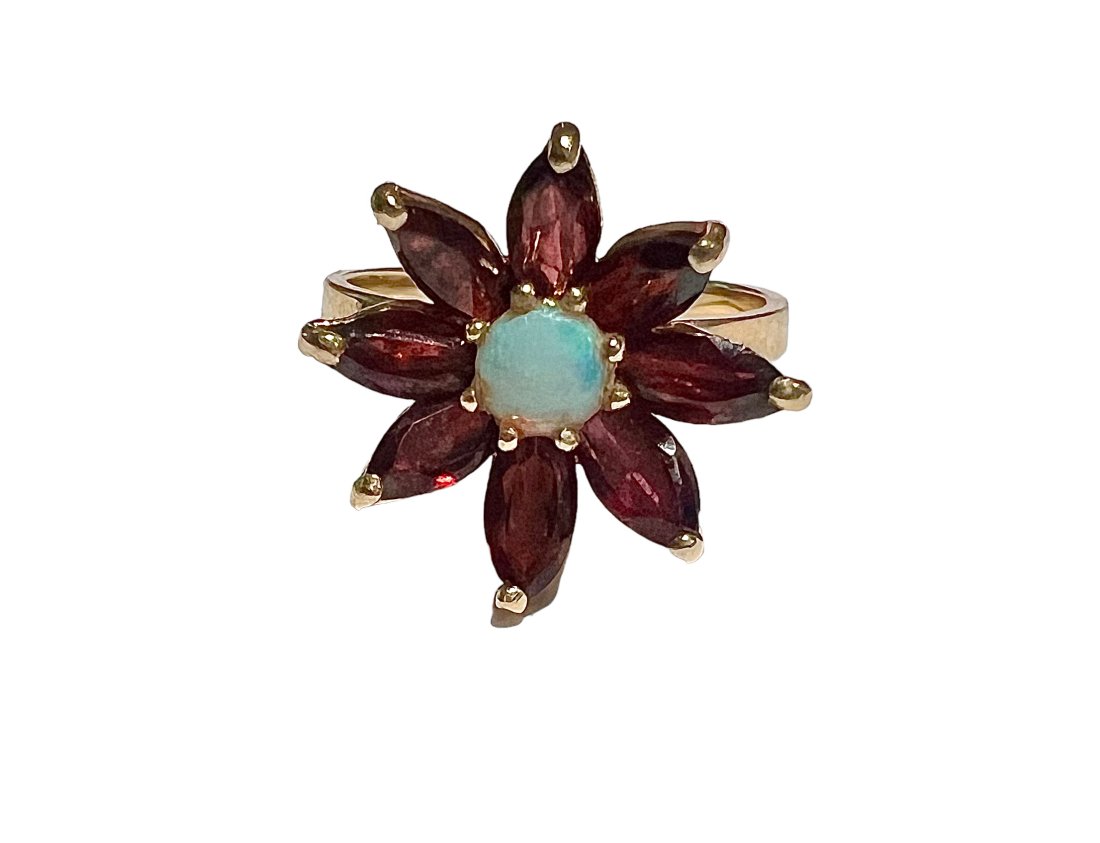 14K Gold Garnet and Opal Flower Ring Size 5.75 (1 of 4)