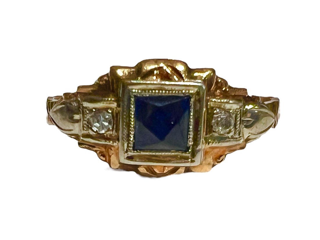 14K Gold Art Deco Ring with a Sapphire and Diamonds (1 of 5)