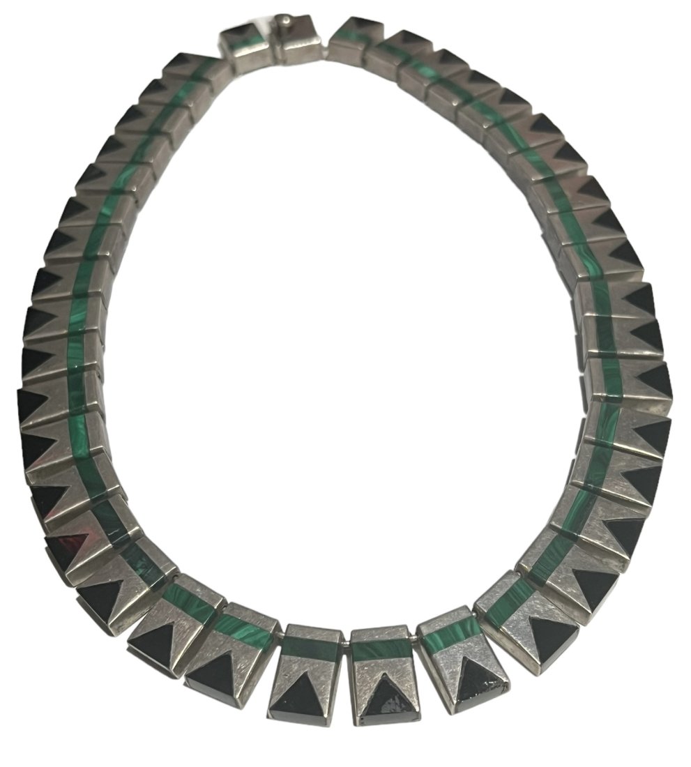 Mid Century Modern Taxco Mexico Tilo Sterling Silver Malachite and Onyx Necklace (1 of 8)