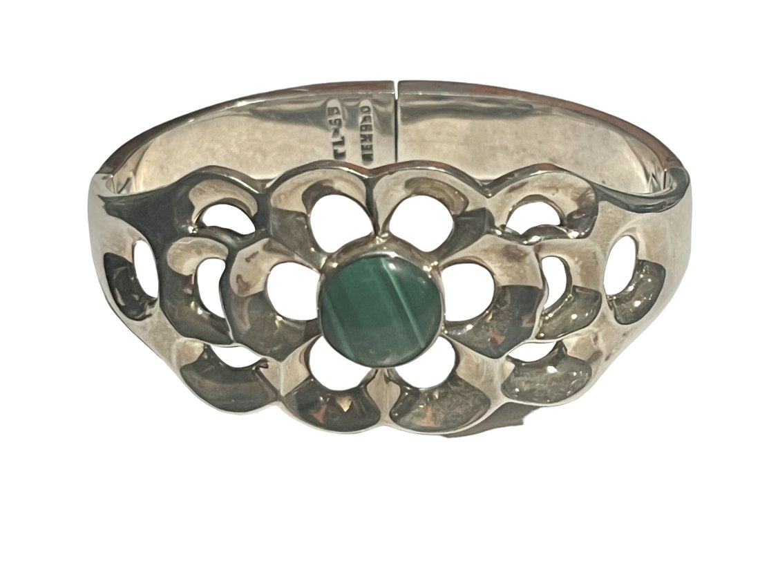 Mid Century Modern Mexican 950 Silver and Malachite Bracelet (1 of 5)