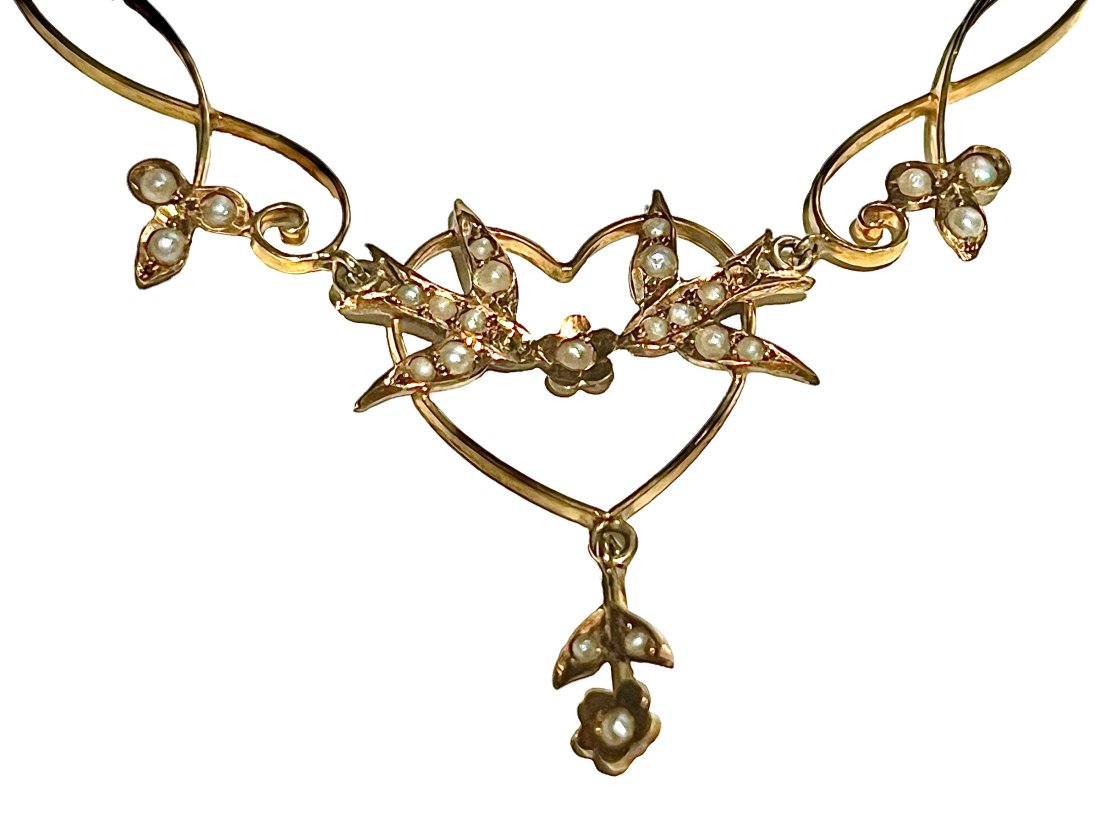 14K Victorian Necklace with Hearts, Doves and Seed Pearls (1 of 6)