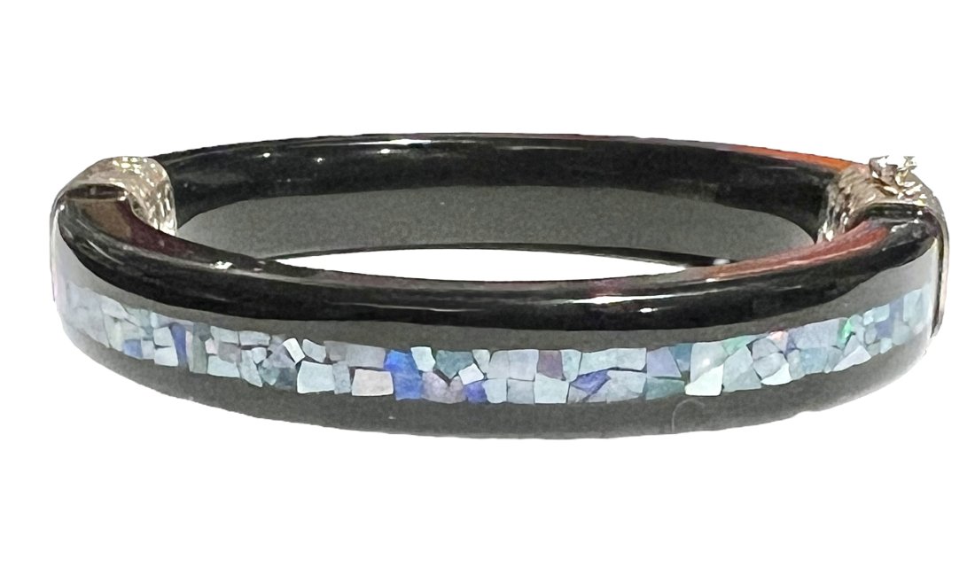 Jay King Black Agate with Opal Mosaic Inlay Sterling Hinged Bangle Bracelet (1 of 8)