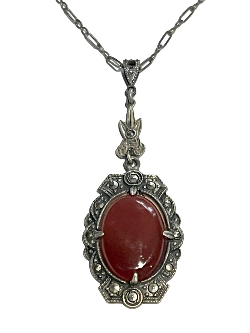 Art Deco Sterling Silver Necklace with Carnelian and Marcasite (1 of 5)