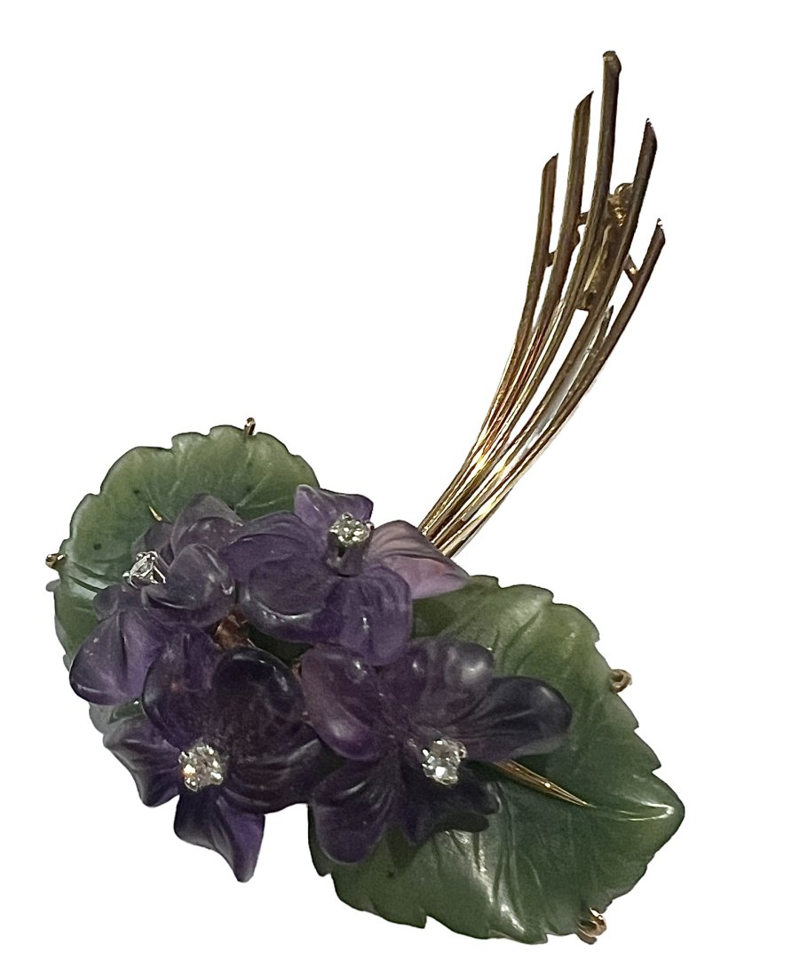Vintage 18k Carved Nephrite Jade Amethyst and Diamond Floral Brooch Signed (1 of 10)
