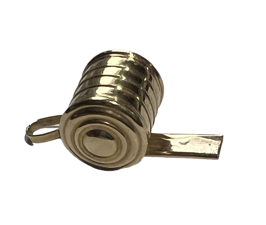 14K Gold Whistle Charm: 14K Gold Whistle Charm. It weighs 1.2 grams. It is .75 inches long.