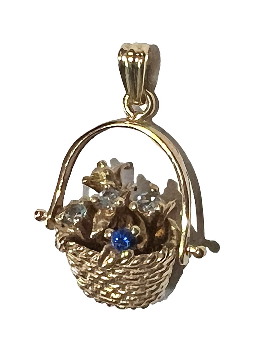 14K Gold Basket of Flowers Charm with Genstones: 14K Gold Basket of Flowers Charm with Genstones. It weighs 3.5 grams. It is 1 inches long.