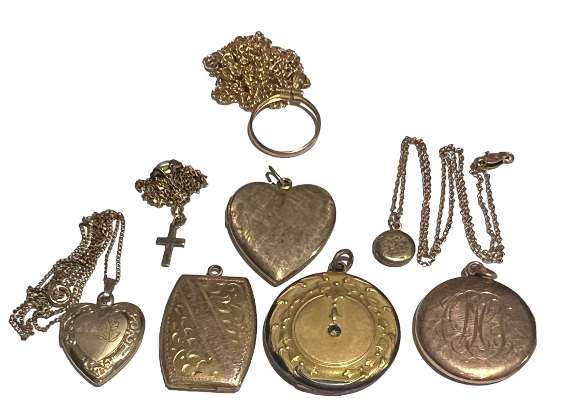 Lot of 8 Antique Gold Filled Pieces Including Lockets: Lot of 8 Antique Gold Filled Pieces Including Lockets of Various Sizes.