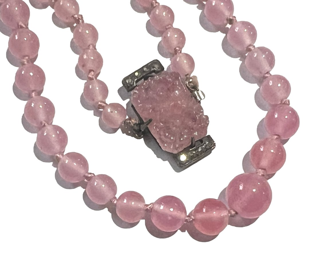 Antique 1920s Pink Glass Beads Necklace with Sterling Clasp and Marcasite: Antique 1920s Pink Glass Beads Necklace with Sterling Clasp and Marcasite. It measures 20 inches.