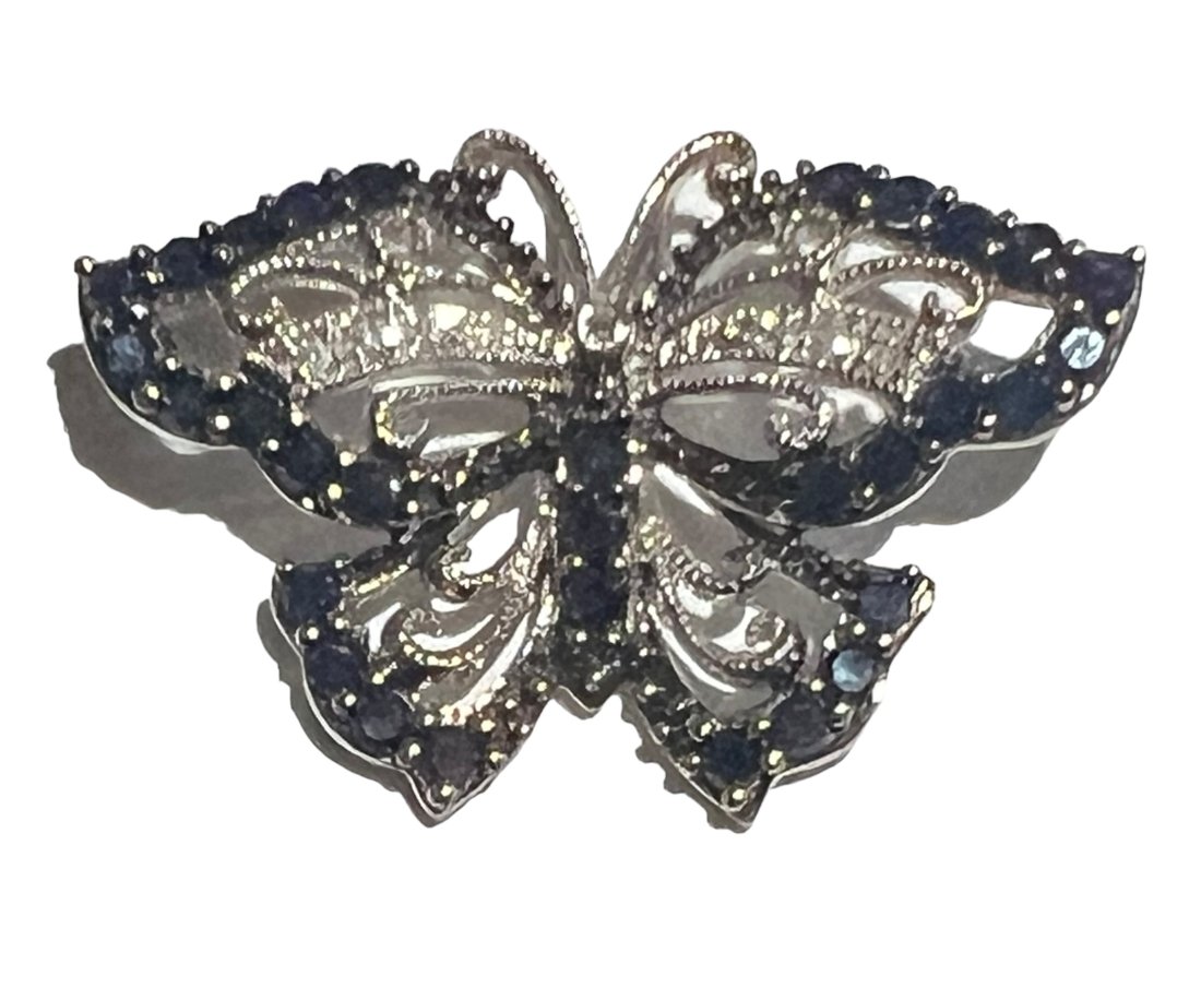 10K White Gold Butterfly Pendant with Sapphires and Diamonds: 10K White Gold Butterfly Pendant with Sapphires and Diamonds. 3 Grams. Shipping- There are 3 options for shipping to choose from. LiveShip, (Live Auctioneers shipping), Alternate In-house shipping wit