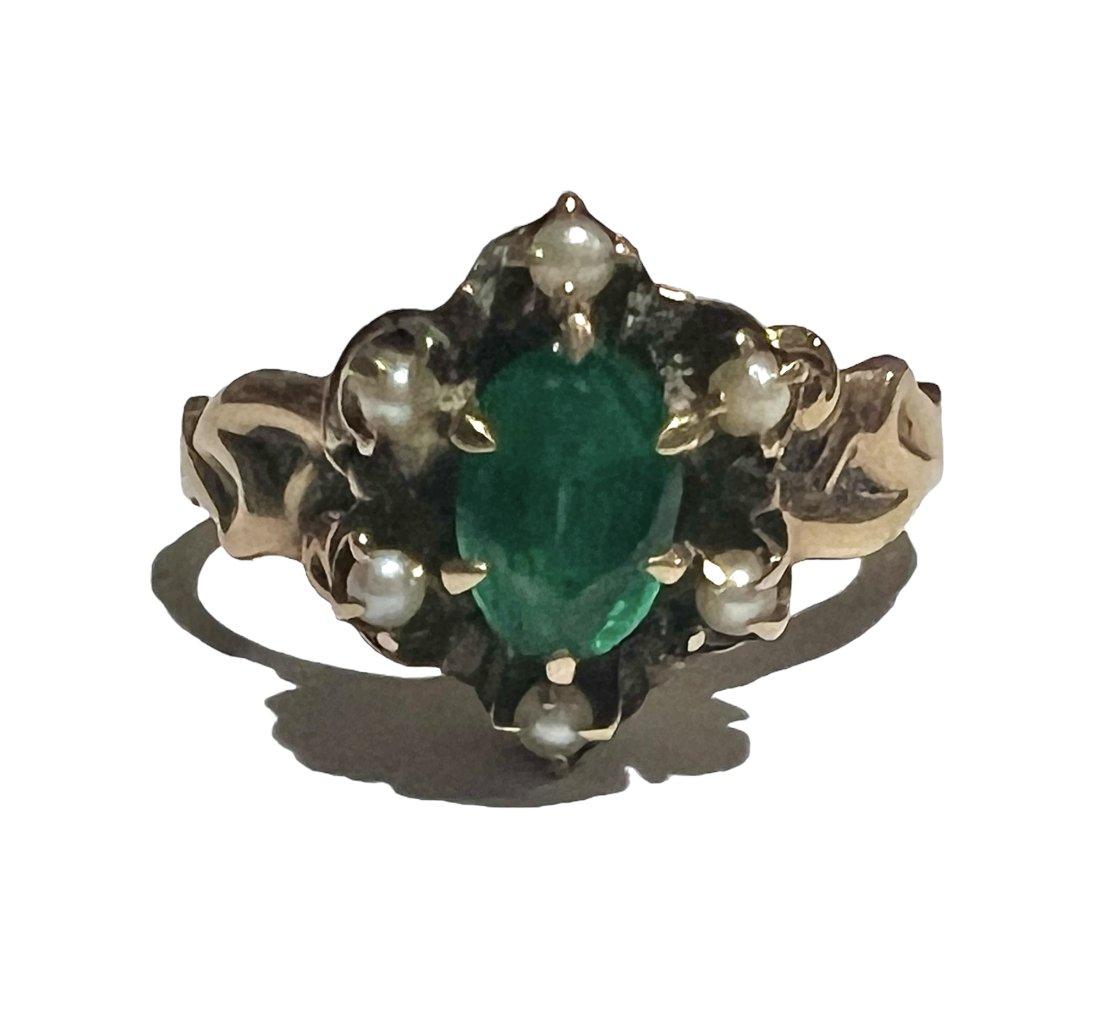 14K Gold Victorian Ring with Seed Pearls and Green Stone (1 of 5)