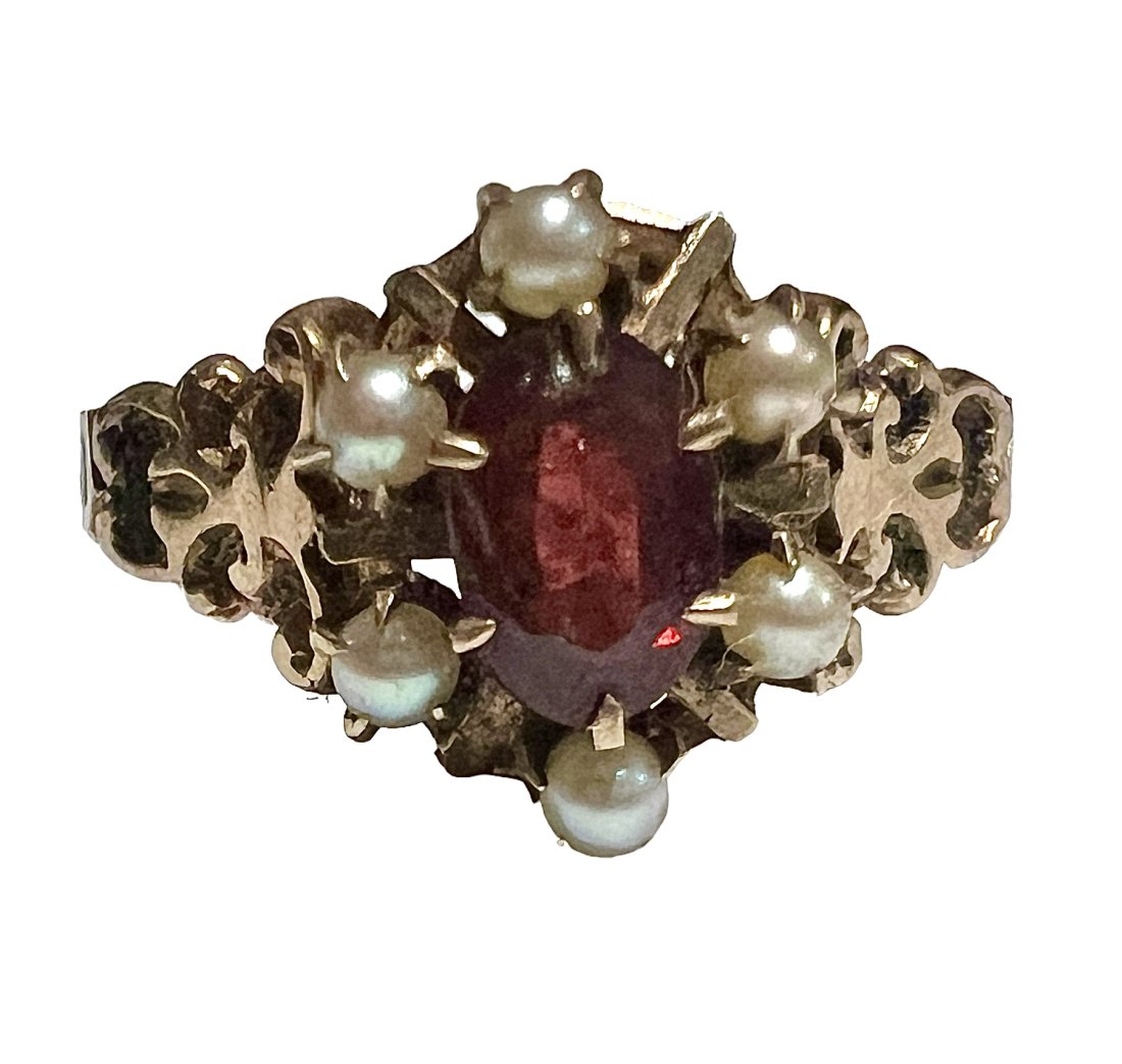 Victorian 10K Gold Garnet and Seed Pearl Ring (1 of 6)