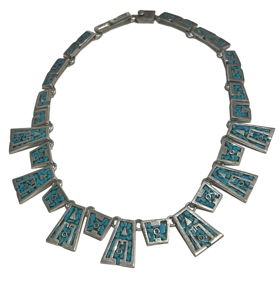Taxco Mexico Sterling Silver Necklace with Crushed Turquoise Inlay (1 of 7)