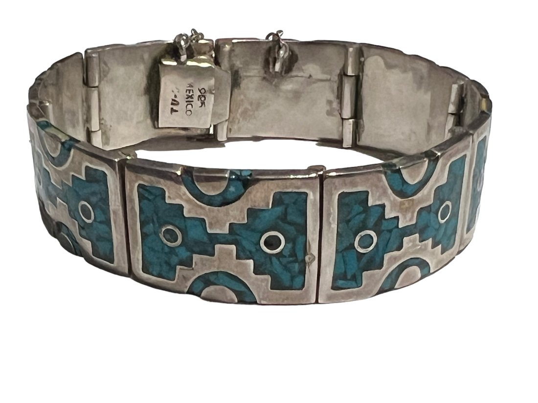 Taxco Mexico Sterling Silver Bracelet with Crushed Turquoise Inlay (1 of 5)