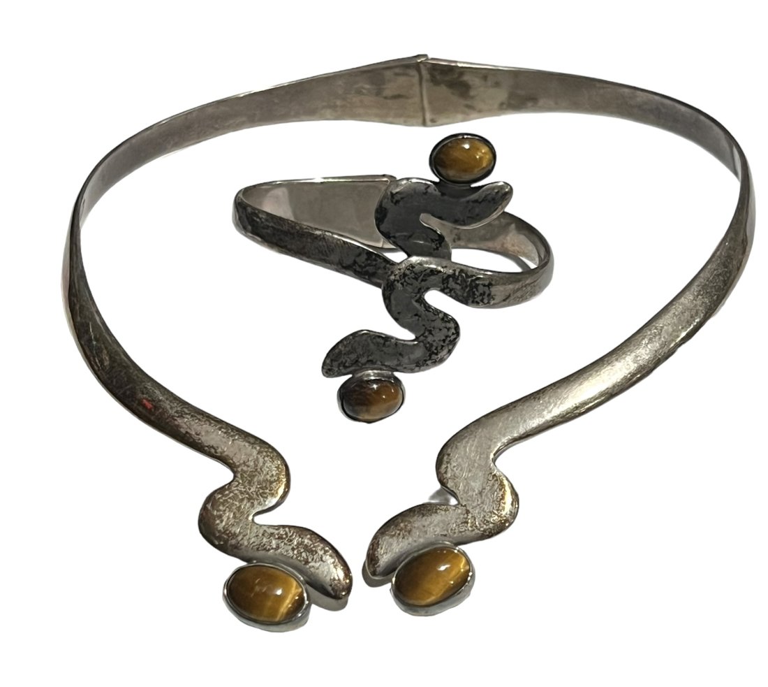 Mid Century Mexican Modernist Sterling Silver Bracelet and Necklace Signed (1 of 14)