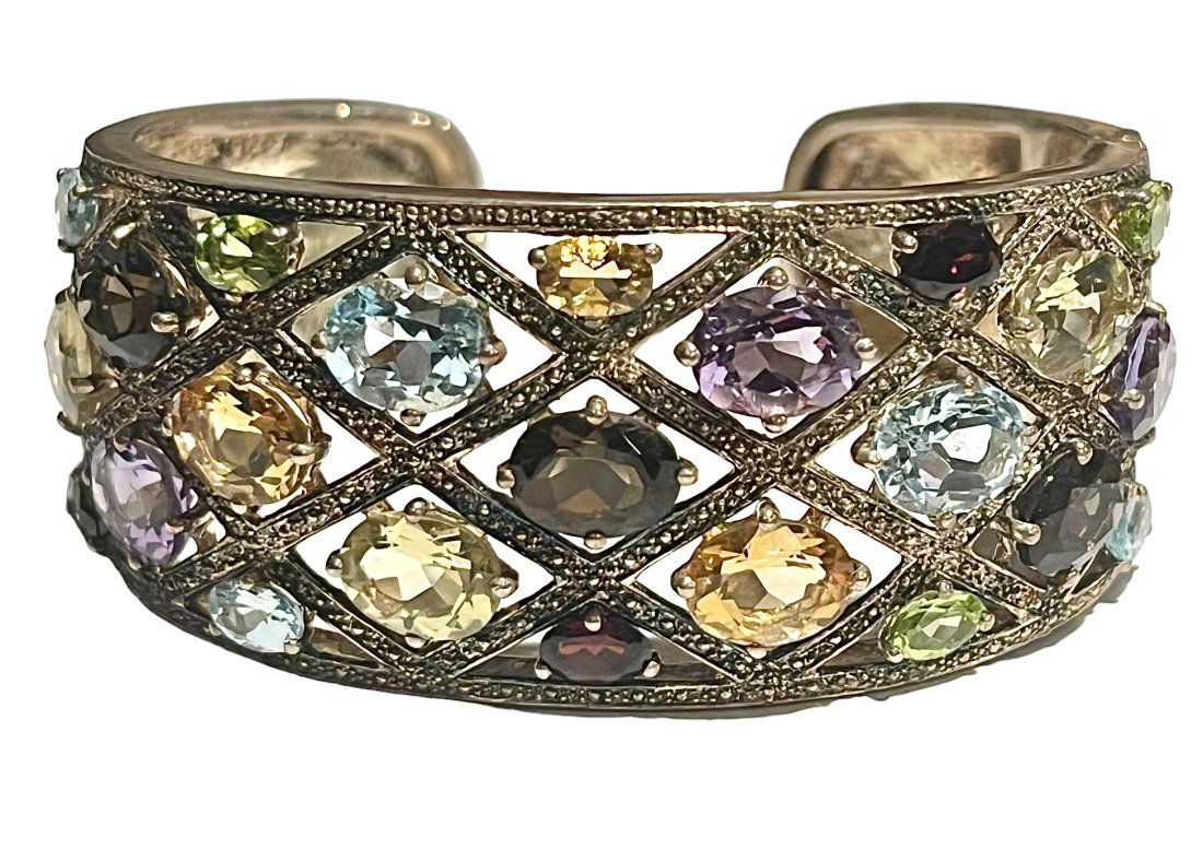 Sterling Wide Hinged Cuff Bracelet with Amethyst Topaz Garnets Peridot Citrine (1 of 11)