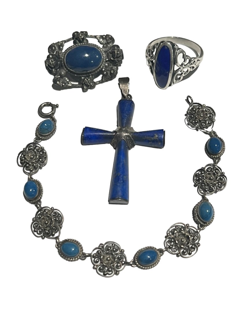 4 Piece Vintage Lapis Lazuli Lot Ring Bracelet Cross and Brooch (1 of 11)