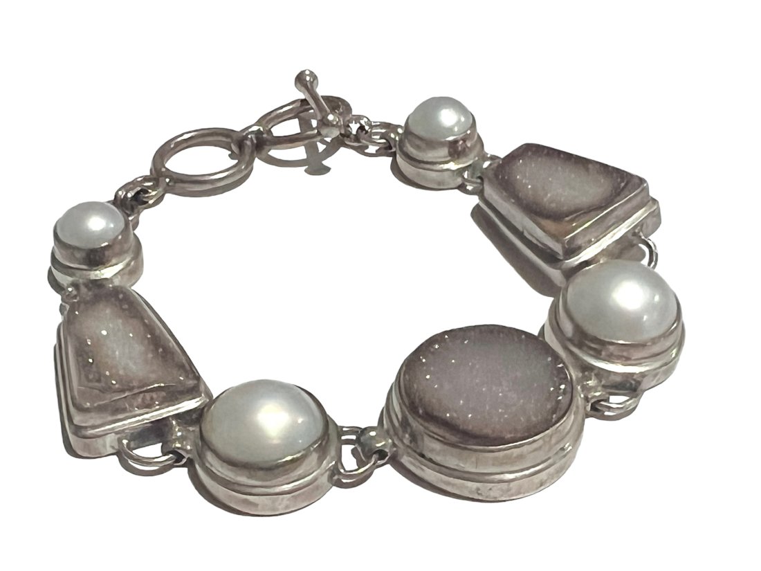 Sterling Silver Drusy and Pearl Toggle Bracelet (1 of 6)