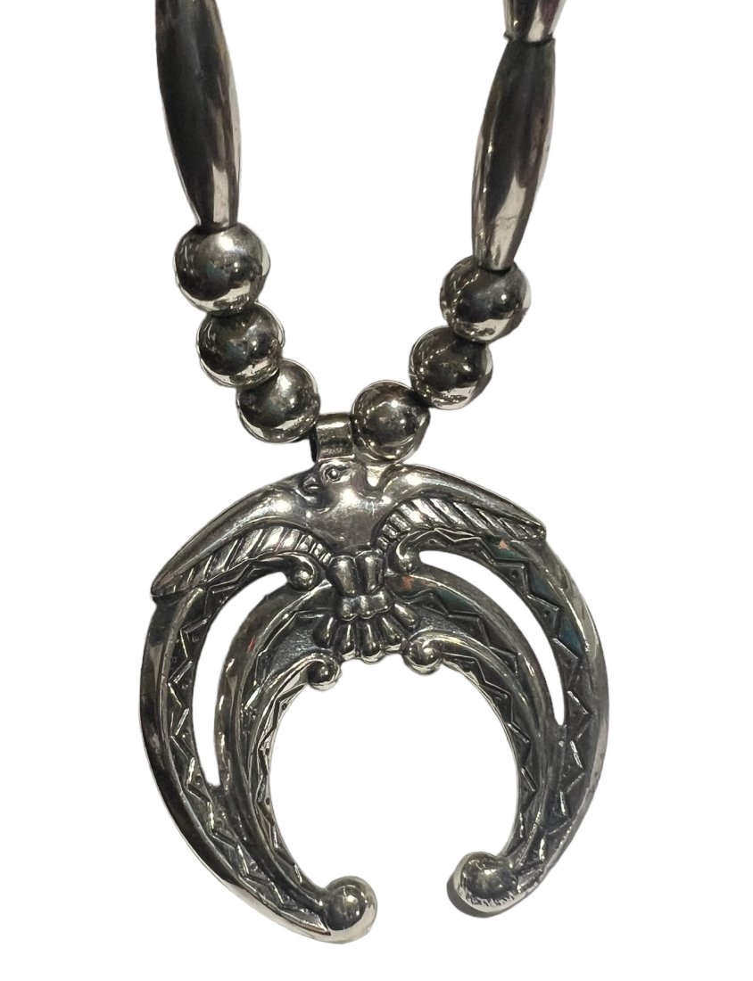 Old Pawn Native American Navajo Sterling Silver Bead Necklace with Naja (1 of 7)