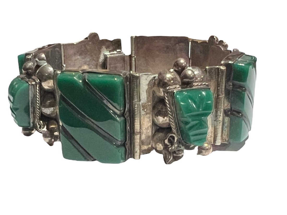 Mid Century Modern Mexican Icuala Sterling Silver and Carved Green Onyx Bracelet (1 of 6)