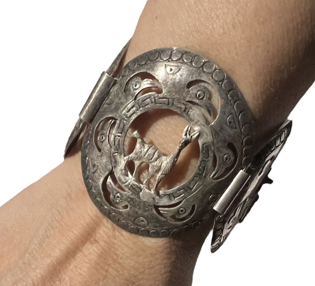 Old Peruvian Sterling Silver Wide Panel Bracelet (1 of 8)