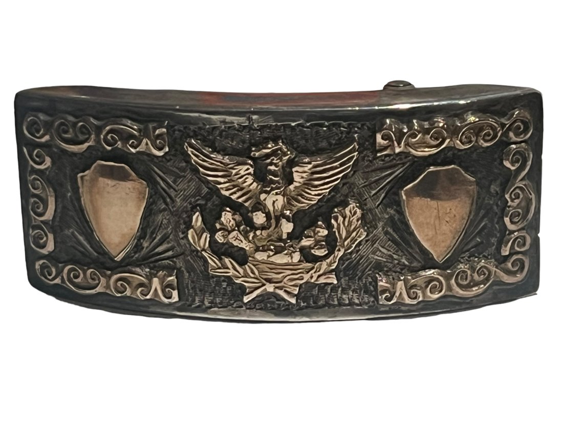 Antique Sterling Silver Patriotic Belt Buckle with Gold Accents: Antique Sterling Silver Patriotic Belt Buckle with Gold Accents. Shipping- In addition to LiveShip, Live Auctioneers Shipping), we also offer flat rate Priority shipping through the USPS and we will a