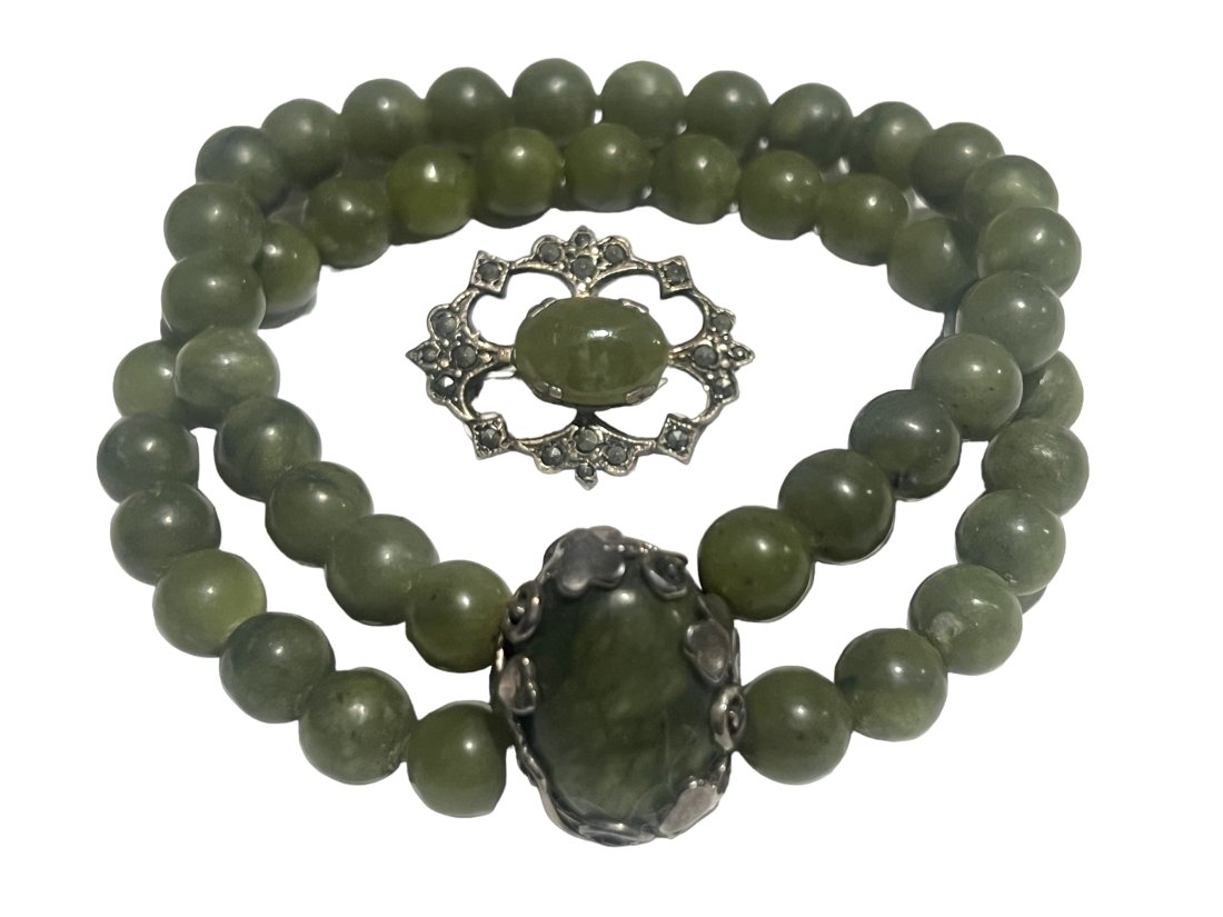 Ireland Irish Sterling Silver and Connemara Marble Bracelet and Brooch with Marcasite (1 of 6)