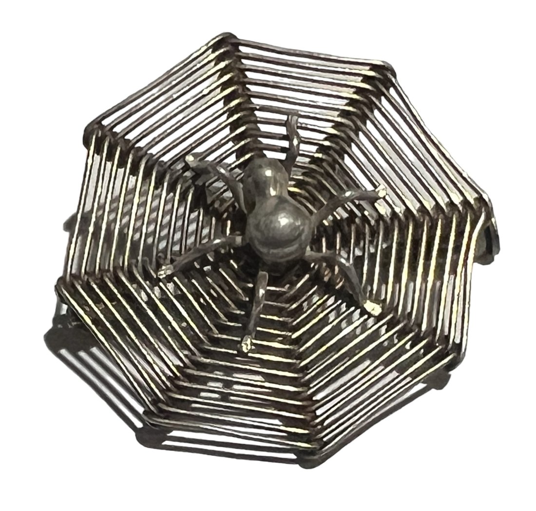Antique 800 Silver Spider on Spiderweb Brooch: Antique 800 Silver Spider on Spiderweb Brooch. It measures a little over 1 inch in diameter. Shipping- In addition to LiveShip, Live Auctioneers Shipping), we also offer flat rate Priority shipping th