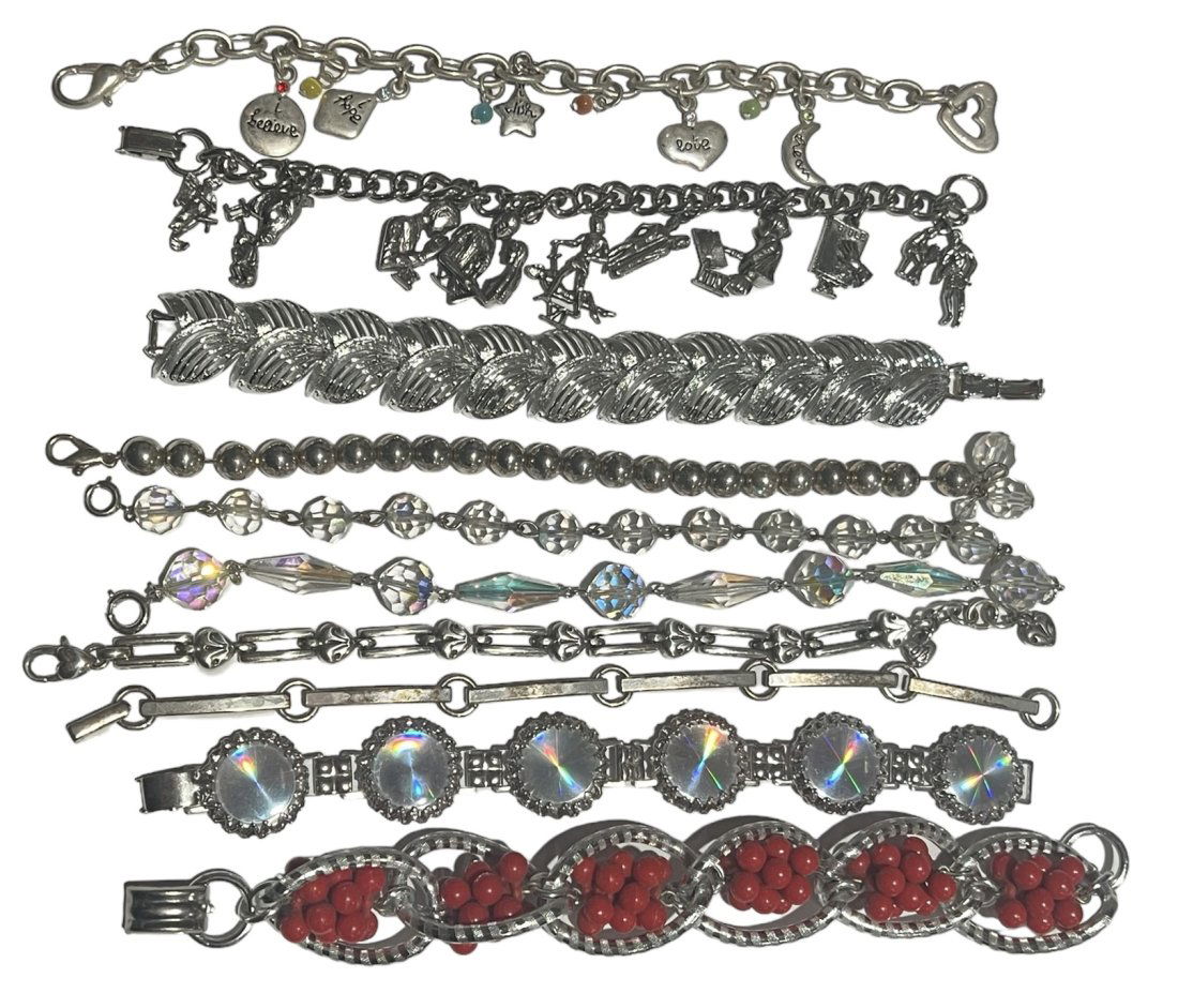 Vintage Costume Jewelry Lot Consisting of 10 Silver Tone Bracelets (1 of 12)