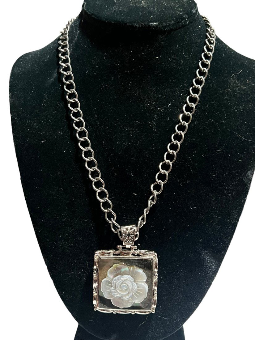 Large Sterling Silver and Carved MOP Rose Pendant on a Stainless Steel Chain (1 of 6)